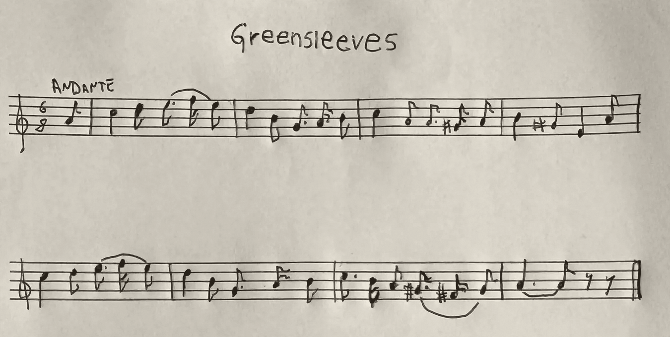 Greensleeves, eight bars of handwritten notation